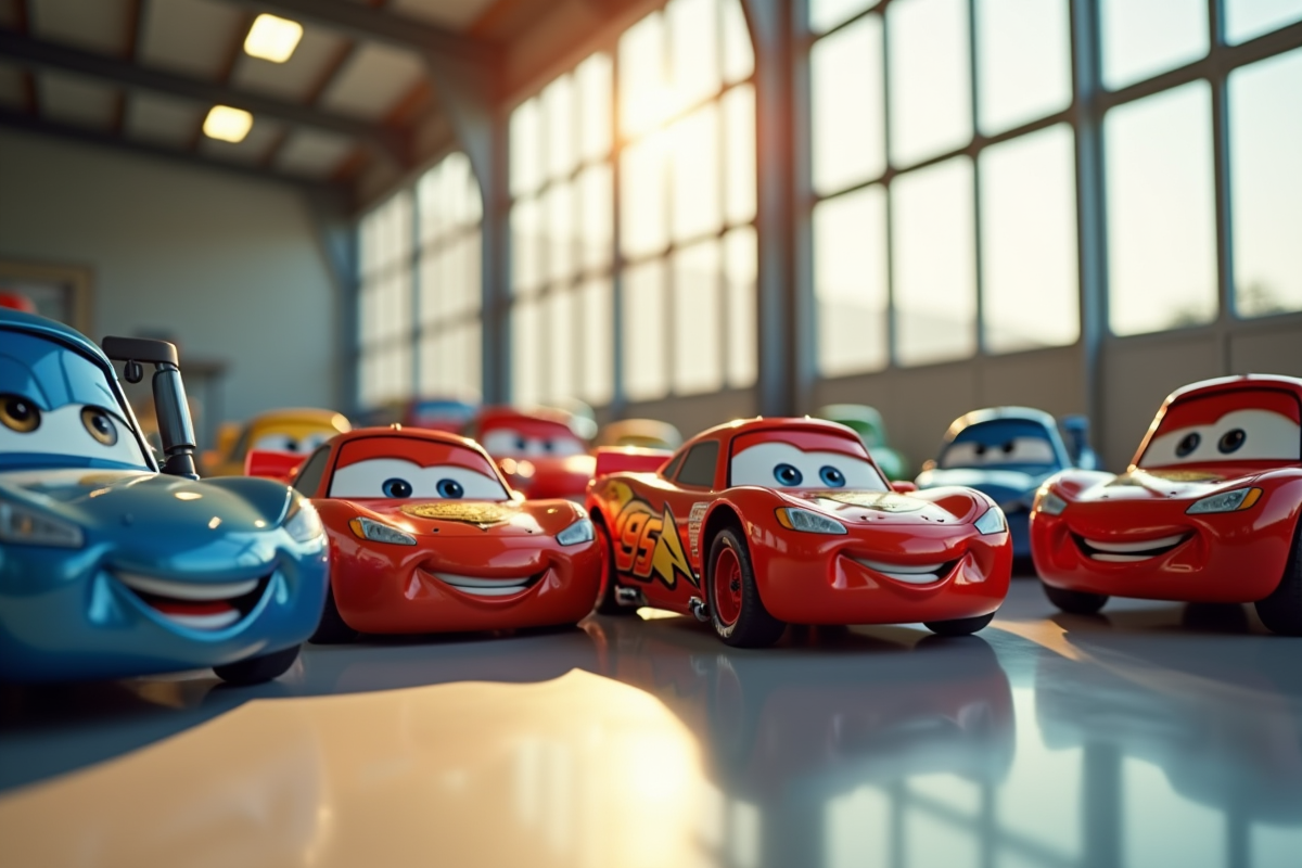 Voitures jouets personnages dans un garage lumineux