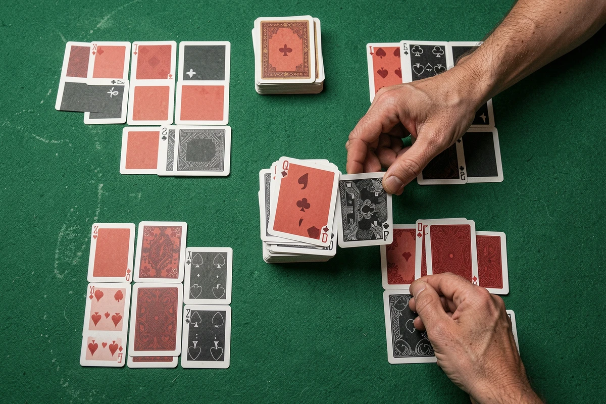 Vue de dessus d'une partie de crapette sur un tapis vert, cartes disposées en séquences avec mains de joueur en action
