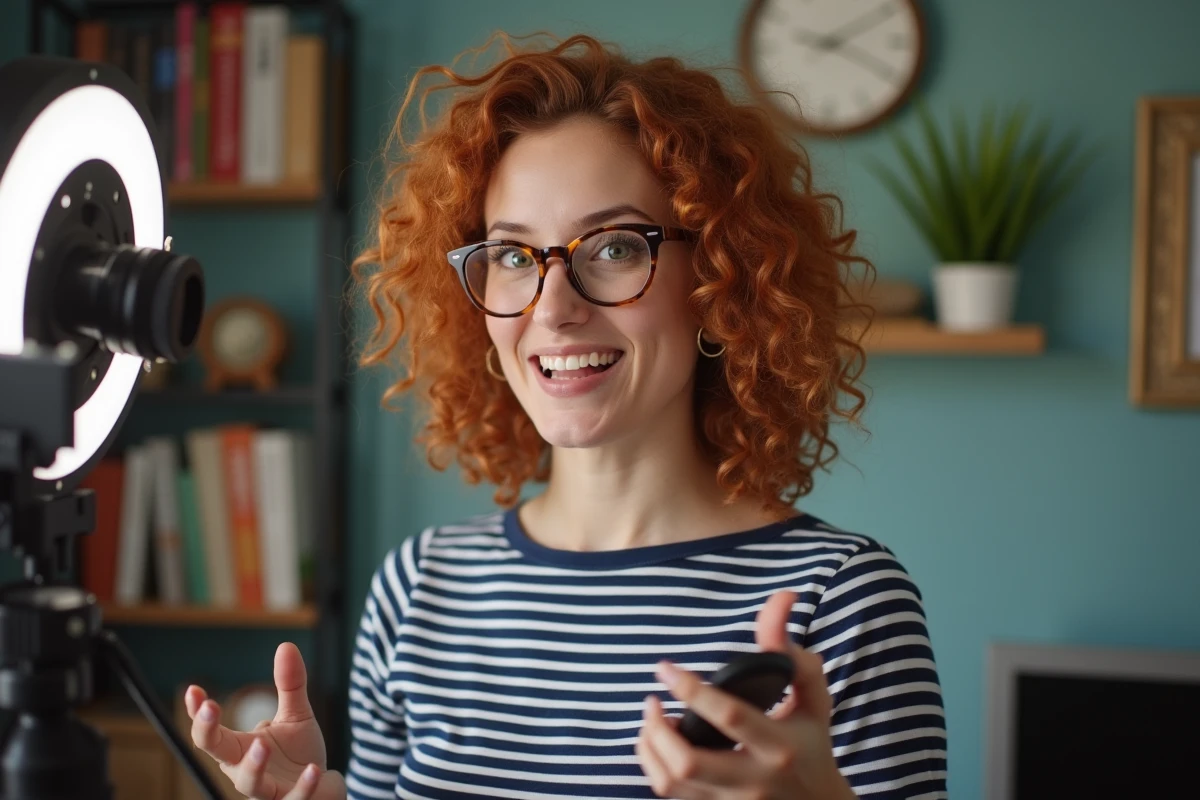 Youtubeuse humoriste française filmant une vidéo dans son appartement parisien décoré